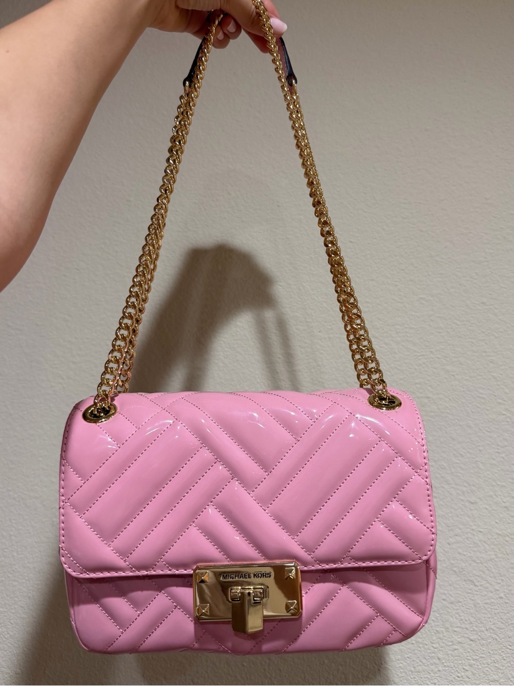 Michael Kors Pink Quilted Patent Shoulder Bag with Gold Chain